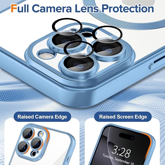 Hython Magnetic Clear for iPhone 16 Pro Case with Camera Lens Protector [Compatible with MagSafe] Luxury Plating Edge Slim Soft TPU Cover Protective Phone Case for iPhone 16 Pro, Matte Light Blue
