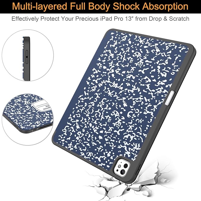 Soke Case for New iPad Pro 13 Inch (M5/M4, 2025/2024 Release), with Pencil Holder Trifold Stand Shockproof [Support Apple Pencil Charging + Auto Wake/Sleep], Soft TPU Back Cover, Book Navy