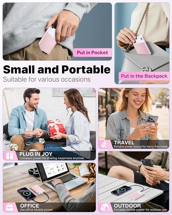 Aaoyun Portable Charger Power Bank, 10000mAh 22.5W PD Fast Charging Powerbank with Built-in USB C Cable, Slim External Phone Battery Pack for iPhone 17/16/15 Samsung S24 Android etc (Pink)