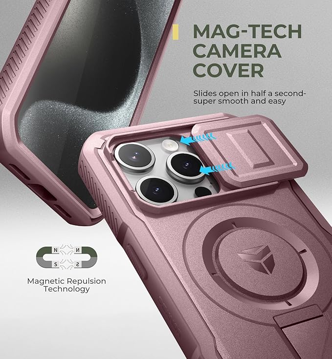 Dexnor for iPhone 15 Pro Case with Slide Camera Cover & Adjustable Kickstand & Built-in Screen Protector, Magnetic Rugged Shockproof Bumper Cases Heavy-Duty Magnetic Protective Cover,Peony Pink