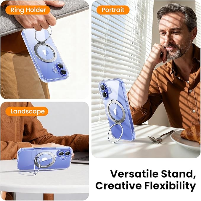360° Ring Stand for iPhone 16 Case, Compatible with MagSafe, Military-Grade Protective, Anti-Yellowing, Scratch-Resistant Back Cover Phone Case for iPhone 16 6.1'', Clear