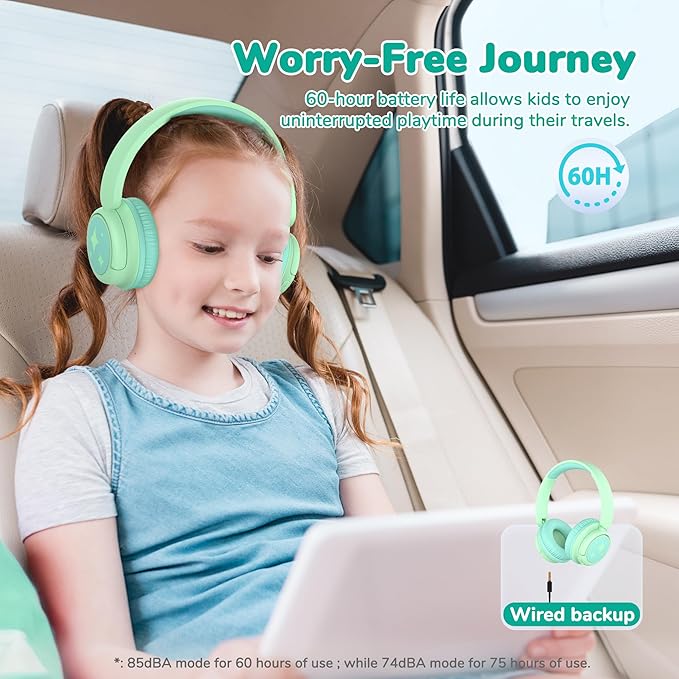 iClever BTH22 Kids Bluetooth Headphones, 60H Play Time, 74/85 dBA Safe Volume, Bluetooth 5.4, USB C, Over Ear Kids Headphones Wireless with Mic AUX Cord for iPad/Tablet/Travel/School, Light Green