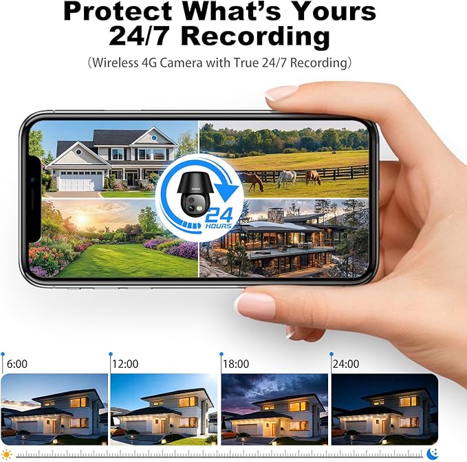 4G LTE Cellular Solar Security Cameras Wireless Outdoor, No WiFi Ultra Solar Panel Camera, 24/7 Recording, 2K Color Night Vision, 360°Pan Tilt, 2-Way Audio, AI Motion Detection, Built in SIM Card
