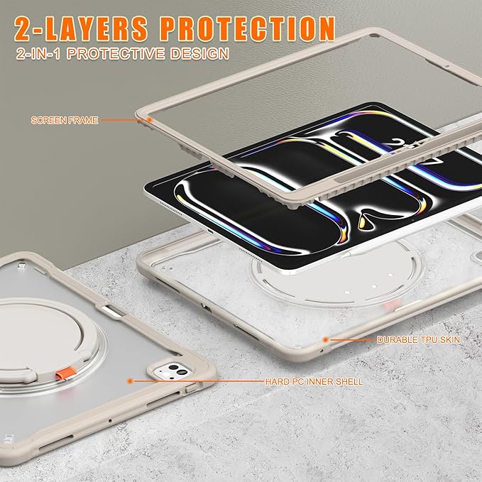 Batianda for iPad Pro 13 inch Case 2025 M5 2024 M4 Chip Lightweight Dual-Layer Protective Tablet Cover, Durable Shock-Absorbing Corners with 360° Rotating Kickstand Ring Built-in Pen Slot, Khaki
