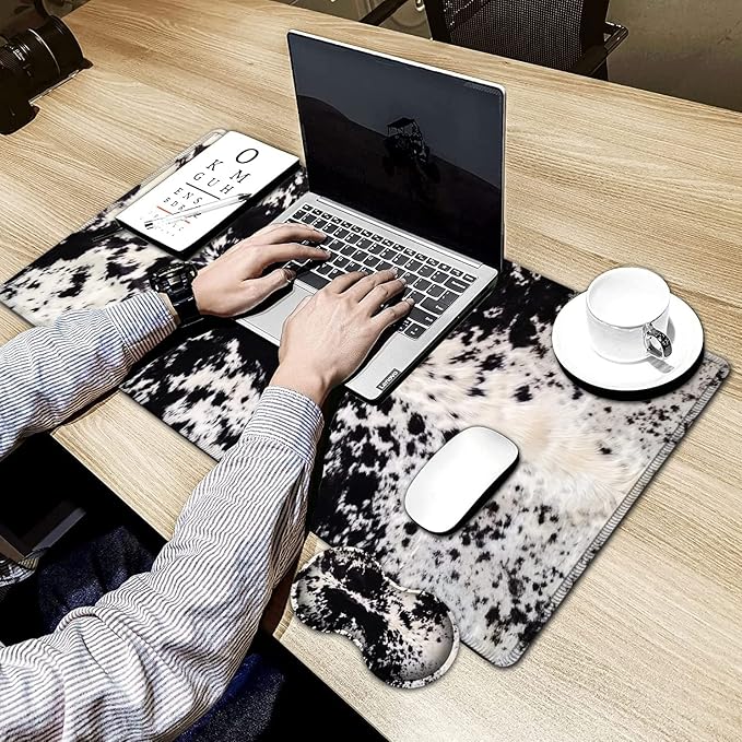 Large Gaming Mouse Pad, 31.5x11.8 in Extended Computer Mouse Mat with Non-Slip PU Base, Ergonomic Memory Foam Keyboard Wrist Rest, for Work & Gaming, Office Desk Pad Black White Cowhide Fur