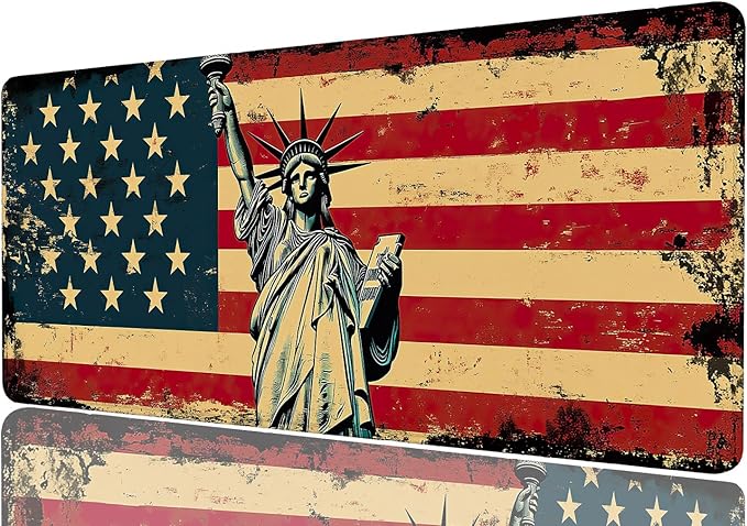 American Flag Desk Mat Vintage Statue Liberty Gaming Mouse Pad Mat with Stitched Edge Non-Slip Base Big Mouse Pad Compatible with Computer, Laptop, and Keyboard 31.5x11.8 Inch