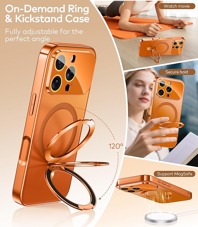 TOBOVON Magnetic for iPhone 16 Pro Case with Ring Stand, Fits MagSafe, with Built-in Camera Lens Protector, Slim Electroplated Shockproof Phone Cover, Orange