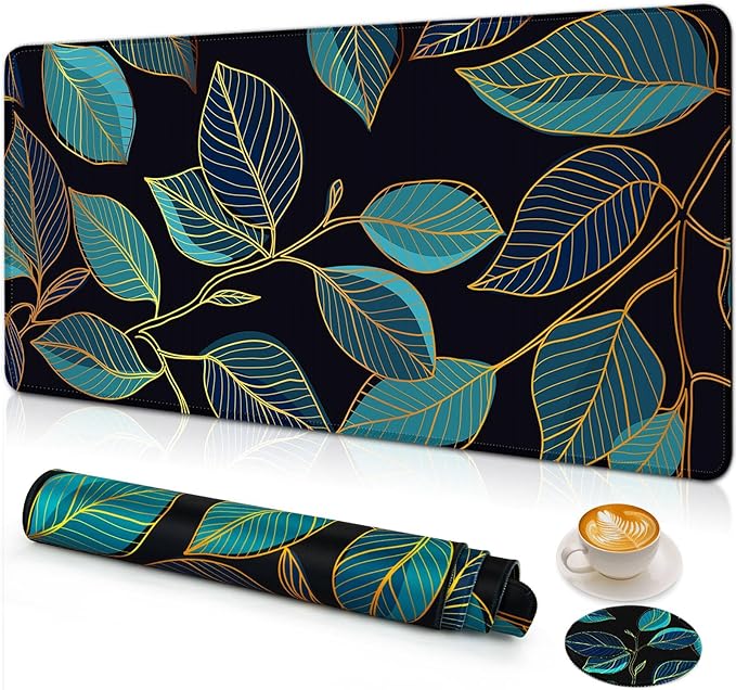 Large Gaming Mouse Pad with Coaster, Desk Matt for Desktop, Desk Pad, Mouse Pads Mat, Stitched Edges Big Extended Mousepad for Computer Keyboard Laptop Office Decor, 31.5'' x15.6''-Leaves 3
