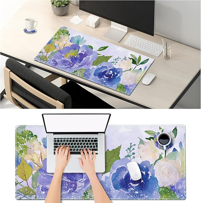 ARTSO Large Gaming Mouse Pad with Stitched Edges, XXL Extended Keyboard Mat Long Mousepad Desk Decor Writing Pad 35.1x15.7 in, Non-Slip Base for Work, Game, Office, Home, Purple Rose Flower