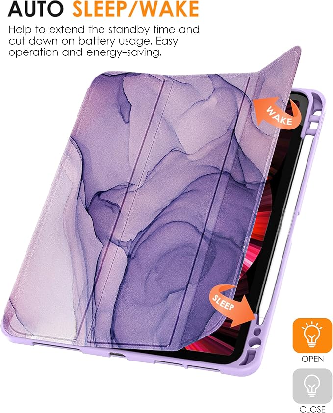 DTTO for iPad Pro 11 inch 4th/3rd/2nd/1st Generation 2022/2021/2020/2018 Case, Smart Slim Trifold Stand Soft TPU Back Cover with Built-in Pencil Holder, Also Fit iPad Air 5/4,Purple Marble
