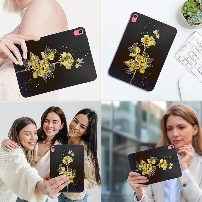 for Apple iPad (A16) 11th Generation Case 11 inch 2025 & iPad 10th Generation Case 10.9 inch 2022, Lightweight Soft TPU Back Shockproof Cover Silicone Bumper Shell, Gold Butterfly Rose