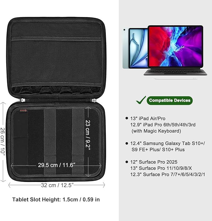 FINPAC Hard Tablet Sleeve Case for iPad Pro 13-inch M5/M4, iPad Air 13-inch M4 2026 M3 2025, Pro 12.9 6th/5th, Portfolio Organizer Bag for Surface Pro 9/8/X/7/6/5, Pens, Cables, Electronics, Black