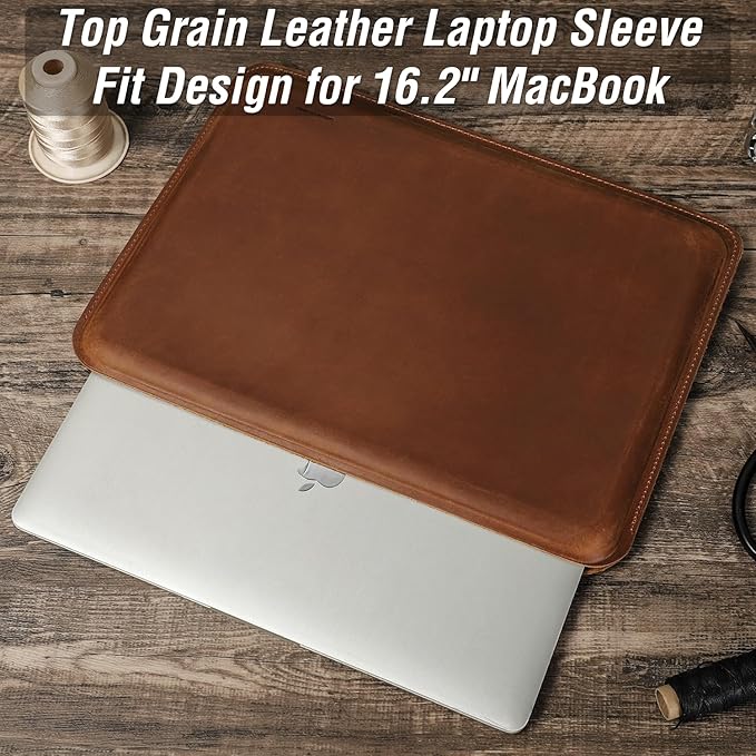 Top Grain Leather 16.2" Slim PC Sleeve Case, Solid Vintage Design, Handmade, Compatible with MacBook Pro 16.2" A2485 M1 Max 15" Touch Bar A2141 A1707 Pro 16" Touch ID A1990, Brown 16.2 Inch