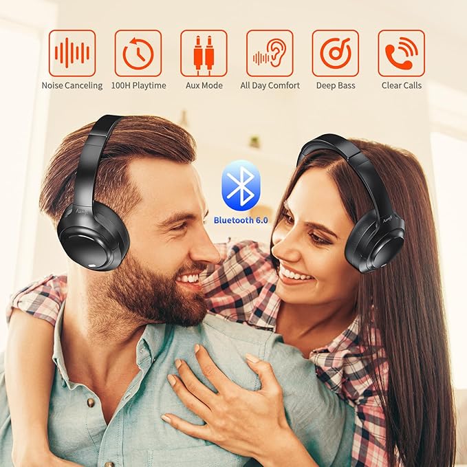 Noise Cancelling Headphones - 2025 Upgraded Wireless Over Ear Bluetooth Headphones Comfort Fit, 100H Playtime, Deep Bass, Hybrid Active Noise Canceling, Crystal Clear Calls for Travel/Office - Black