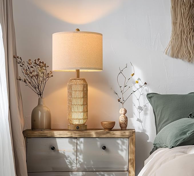 OYEARS 25" Table Lamps Set of 2 with Night Light,Bedside Lamps for Bedroom,Boho Lamps with USB C+A Charging Ports,Farmhouse Table Lamp with Rattan,Frosted Glass,Linen Shade,Wood Grain (Bulb Included)