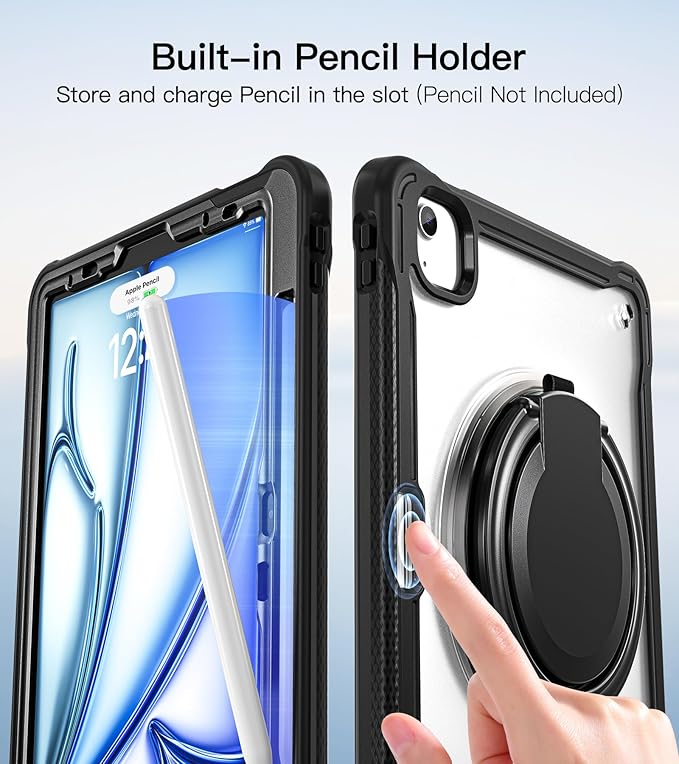BATYUE Case for iPad Air 11-inch M4(2026)/M3(2025)/M2(2024), iPad Air 4/5 10.9" & Pro 11" 2018-2022 - Shockproof Case with 360° Rotating Stand & Handle, Pencil Holder, Shoulder Strap, Black
