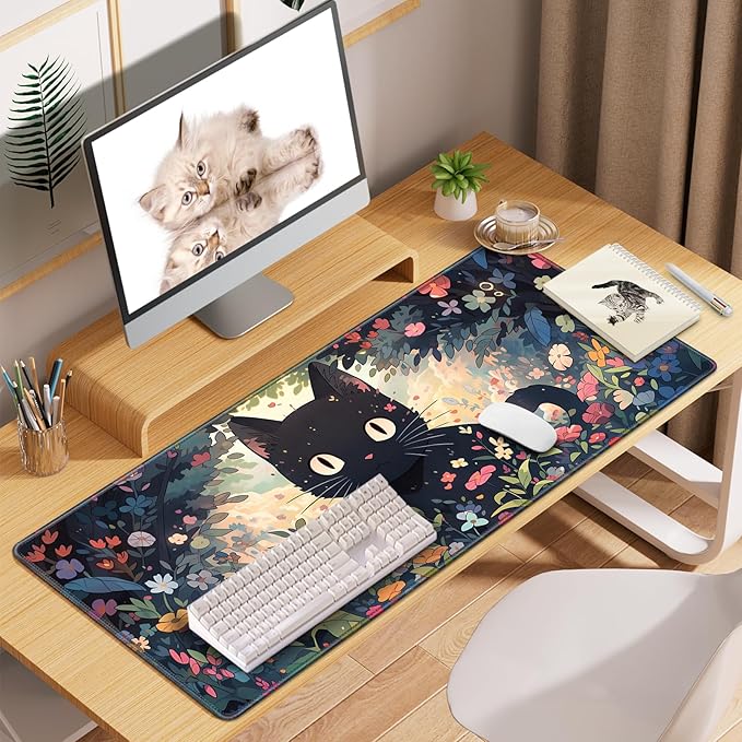Anime Cat Mouse Pad Desk Mat, Kawaii XXL Large Gaming Mouse Pad Keyboard with Stitched Edges Non-Slip, 35.4×15.7in Mousepad Mat for Desktop Computer Laptop Office Women Decor Funny Cute