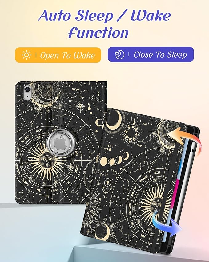 Kidcube for iPad 10th Generation Case 2022, for iPad (A16) Case 11th Generation 2025 - Women Girls Cute Rotating Stand Folio Cover with Pencil Holder & Card Slot Girly Sun Moon Star Design Teens Cases