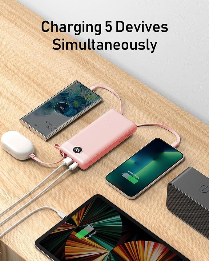 VEEKTOMX Portable Charger Built-in Cables, Power Bank for iPhone, Fast Charge USB C Battery Pack Travel Essentials Powerbank Compatible with iPhone 17/16/15/14, Samsung S25/24