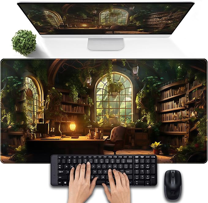 Large Desk Mouse Pad Enchanted Library Desk Mat, Extended Gaming Mouse Mat, Office Home Keyboard Pad, Magical Forest Computer Mats XXL, Full Desktop Mat Aesthetic PC Accessories 31.5" x 15.75"