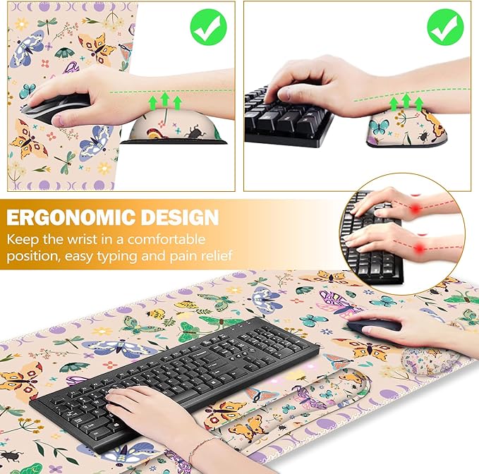 ARTSO Desk Mat Set, Apricot Extended Gaming Mouse Pad with Wrist Rest Support +Keyboard Wrist Rest +Coaster, Large Cute Butterfly Mousepad, Easy Typing and Pain Relief