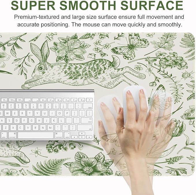 L-SPOUTTO Green Floral Desk Mat for Keyboard and Mouse,Cute XXL Gaming Mouse Pad,Large 35.4x15.7in Non-Slip Rubber Base Keyboard Pad Waterproof Desktop Mat for Laptop Computer Work Home Office-Rabbits