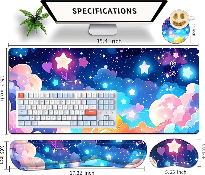 Large Mouse Pad Set 35.4 x 15.7 with Keyboard Wrist Rest, Wrist Support, and Coaster, Waterproof Memory Foam Smooth Desk Pad Mousepad for Home Office School - Pastel Rainbow Star
