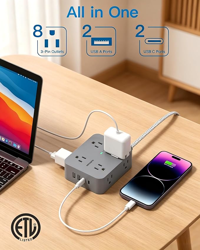HANYCONY Surge Protector Power Strip 15 Ft Long Cord, Extension Cord 15 Feet with 8 Outlets 4 USB Ports(2 USB C), Flat Plug, Desk Charging Station for Home Office College Dorm Room Essentials