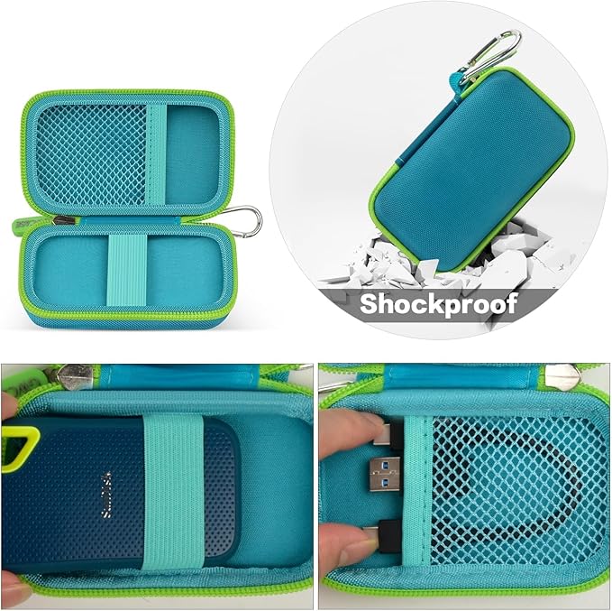 GWCASE Hard Case for SanDisk Extreme Portable SSD 1TB 2TB 4TB 8TB 500GB, External for Solid State Drive Travel Carrying Holder with Mesh Pocket for USB Cables & SD Cards (Bag Only)-Green