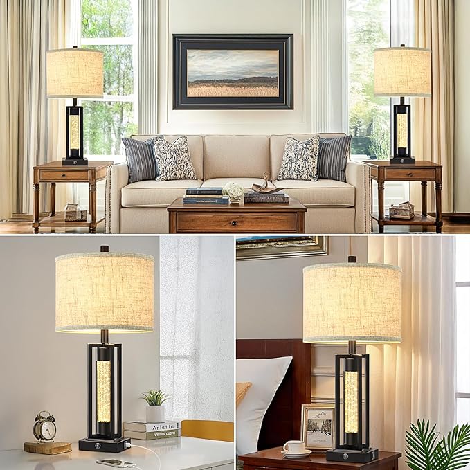 TOBUSA 26’’ Farmhouse Table Lamps for Living Room with Crystal Night Light Set of 2, Modern Nightstand Lamps with 2 USB Ports, Vintage Home Decor Black Bedside Lamps with Linen Shade for Bedroom