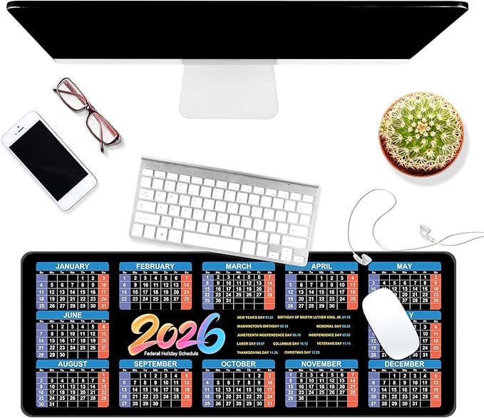 Thin Extended Gaming Mouse Pad （31.5 * 11.8 * 0.08 inch） with Stitched Edges Large Mousepad Long XXL Keyboard and Mouse pad Desk Mat for Gaming Office & Home - 2026 Calendar Holiday Schedule