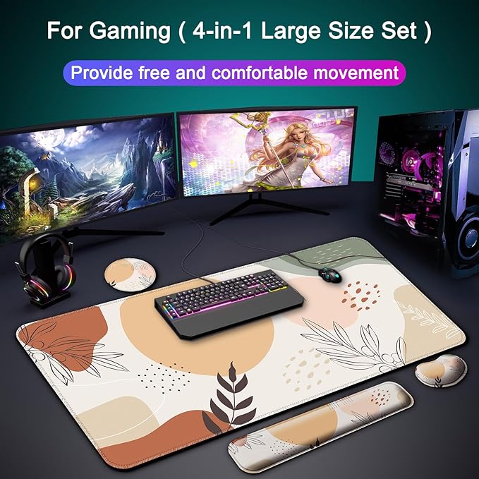 Keyboard Wrist Rest + Mouse Pad with Wrist Support + Desk Mat + Coaster 4 in 1 Set, XXL Large Gaming Mousepad Cute Ergonomic Mouse Pads for Desk Computer Laptop Office Decor-Boho Leaves