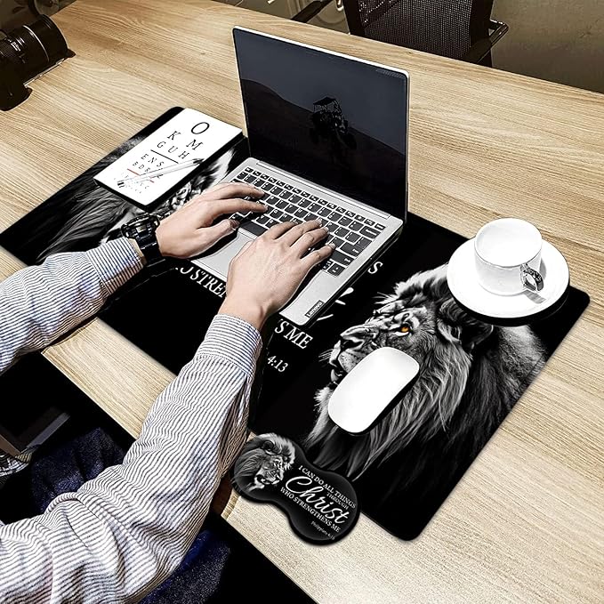 Large Gaming Mouse Pad,31.5x11.8in Extended Computer Mouse Mat with Non-Slip PU Base, Ergonomic Memory Foam Keyboard Wrist Rest, for Work Gaming, Fierce Lion Philippians 4:13 Black Office Desk Pad