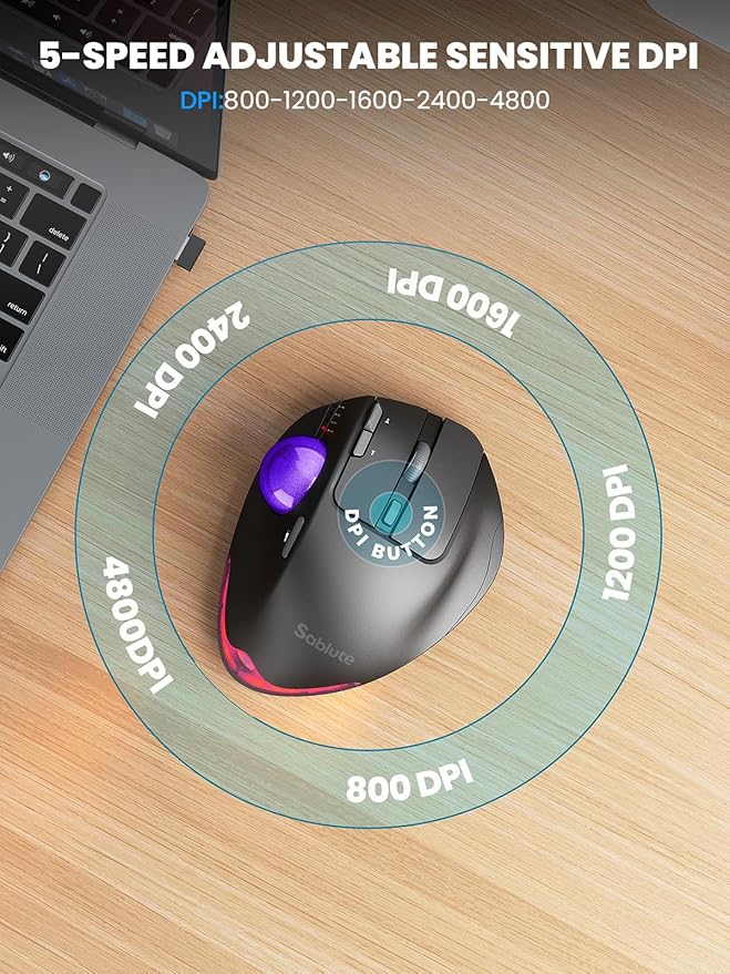 MAM1 Pro Wireless Trackball Mouse, Ergonomic Bluetooth Rechargeable Computer Mouse, Backlit Rollerball Thumb mice with 5 Level DPI, Adjustable Angle, 3 Devices Connection for PC, Windows - Purple Ball