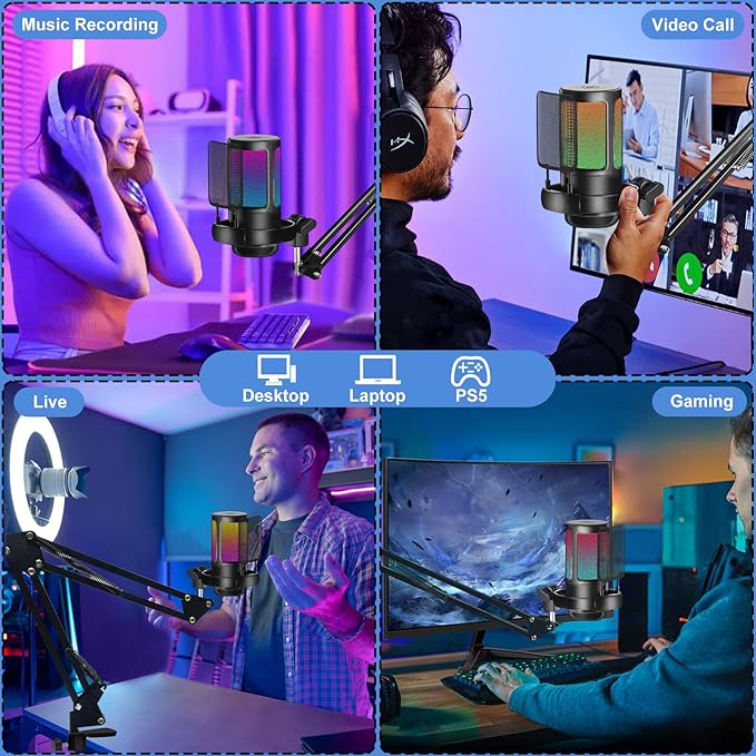 KingSom Gaming USB Microphone,Noise Cancellation Condenser Mic with Boom Arm,Podcast Microphones RGB Computer Mic,Streaming Microphone with Pop Filter, Mute Button,Gain for Recording,Discord,YouTube