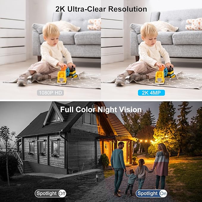 Magnetic Security Cameras Wireless Outdoor - Home Battery Powered WiFi Camera 2K Video/Color Night Vision/AI Motion Detection Siren Alarm and Spotlight 2-Way Audio Waterproof SD/Cloud (Black(2pcs))