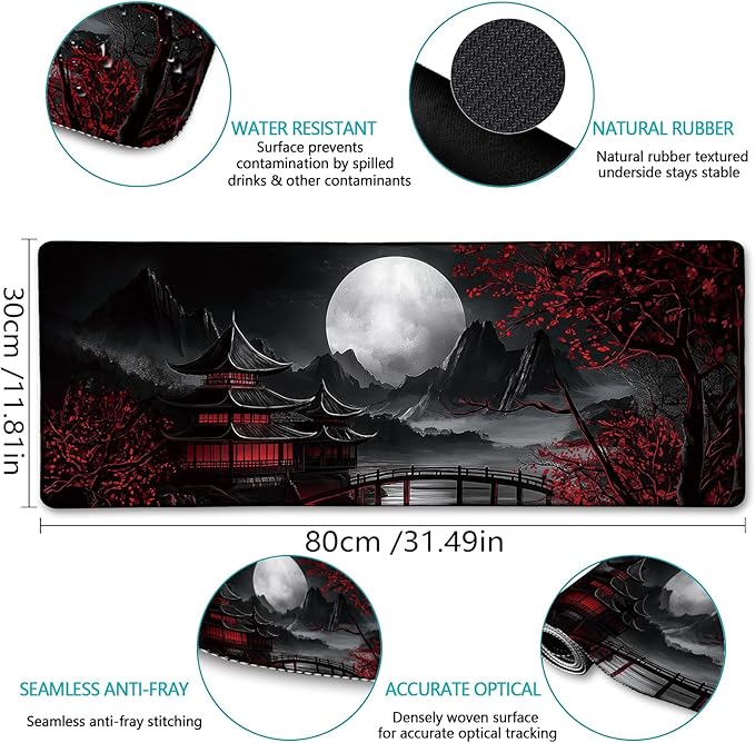 LIMKRIAN Japanese Mouse Pad Large Gaming Desk Mat, Extended Computer Mousepad with Stitched Edges Non-Slip, XL Keyboard Mouse Pad, Aesthetics Full Moon Home Decor Office Desk Accessories 31.5in