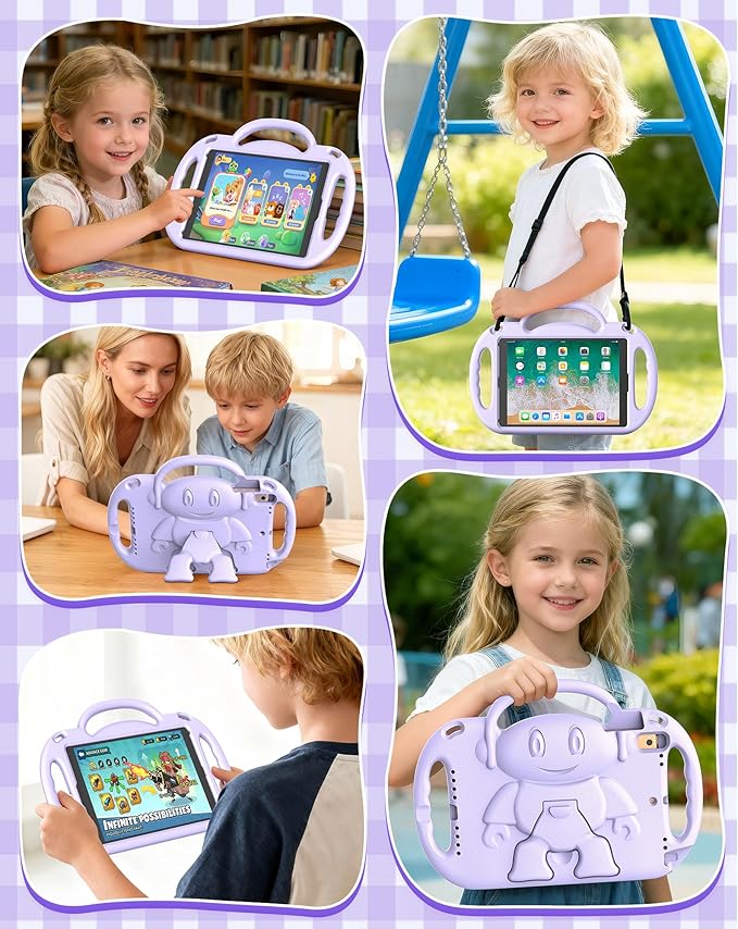 Kids Case for iPad 5th/6th Generation (9.7 inch, 2017/2018) & iPad Air 1/2 9.7" & Pro 9.7, Durable Shockproof Lightweight Kids Cover with Shoulder Strap/Handle/Kickstand, Light Purple