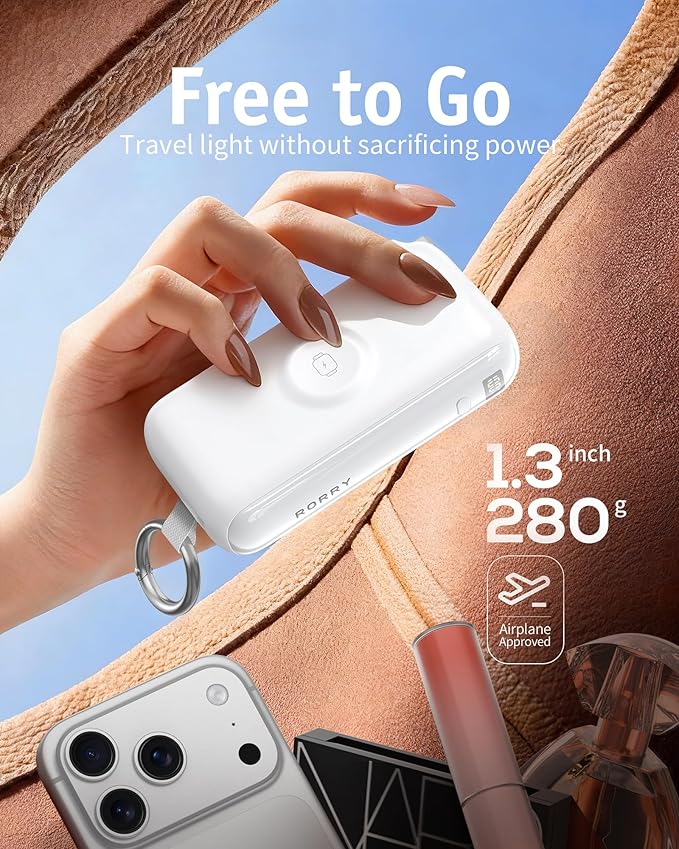 RORRY Flow Portable Charger, 10000mAh 40W Fast Charging Power Bank with Built-in USB C Cable and Foldable Wall Plug, Battery Pack Travel Essentials for iPhone 17/16/15, Apple Watch, iPad, MacBook