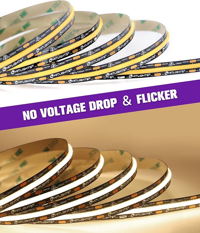 HitLights White LED Strip Lights 4000K, 16.4ft Premium 12V COB Tape Light High Density, 2400 LEDs, 305+ LM/FT, CRI 90+, IP30, Lighting for Kitchen, Cabinets, UL Listed (Power Source Not Included)