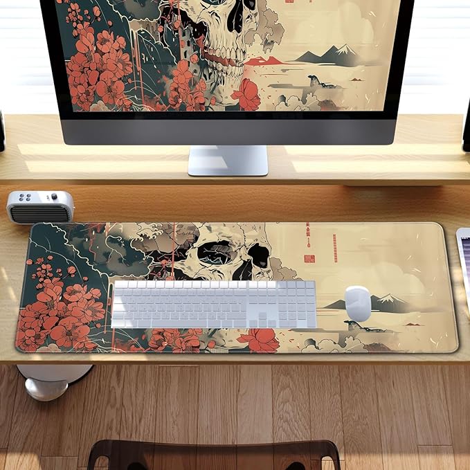 Skull Mouse Pad Japanese Ukiyo-e Mouse Pad XL Anime Big Mouse Pads for Desk Large Gaming for Men Desk Pad with Stitched Edges Non-Slip Large Computer Mat, 31.5x11.8 in