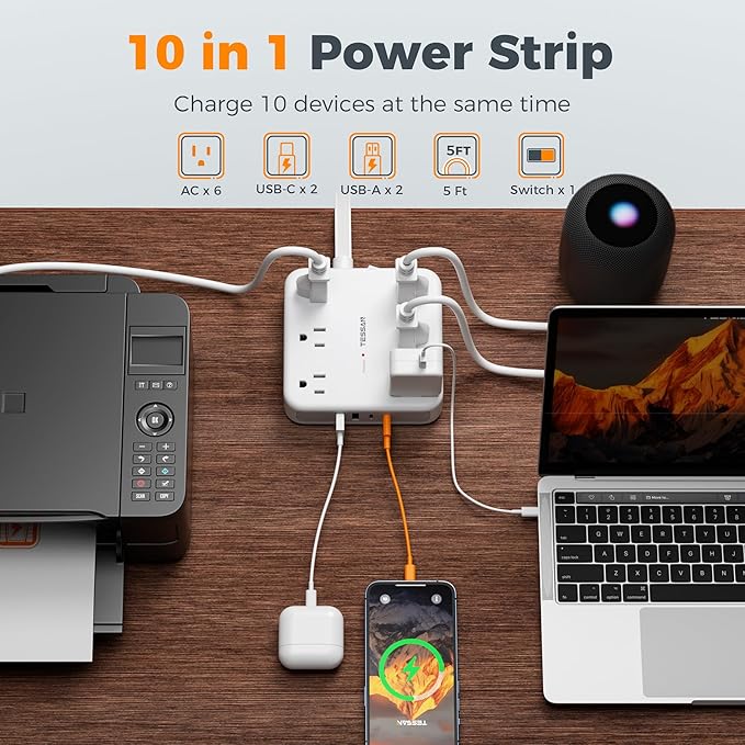 TESSAN 5Ft Grey Extension Cord with Multiple Outlets, Surge Protector Power Strip with 6 Outlets and 4 USB Ports (2 USB C), 2100 Joules Protection, Flat Plug, Outlet Extender for Home, Office, Dorm
