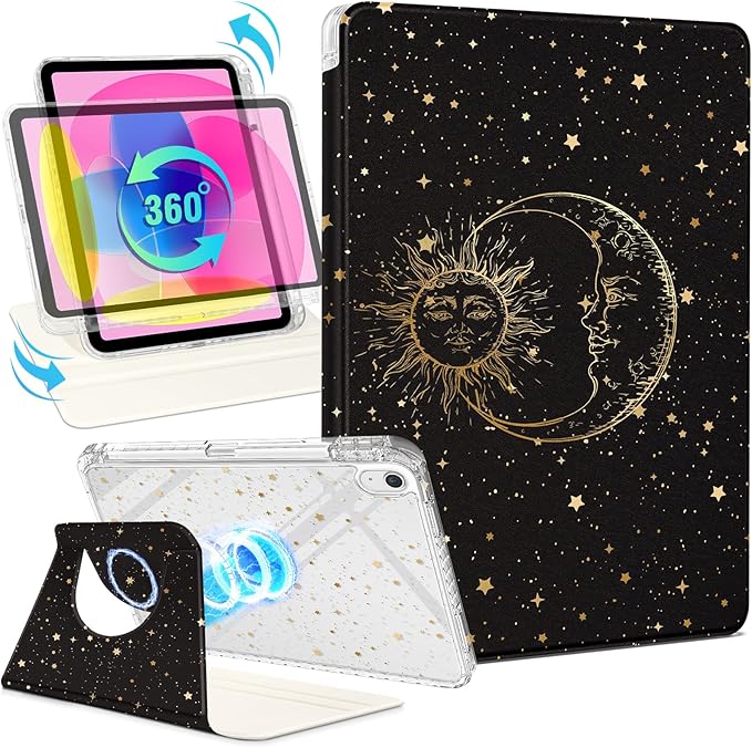 Shorogyt for iPad A16 11th Generation 11 inch 2025 /for i Pad 10th Generation case Magnetic Stand for Women - Cute Design 360 Degree Rotating Covers Girls Kids with Pencil Holder,Star Moon