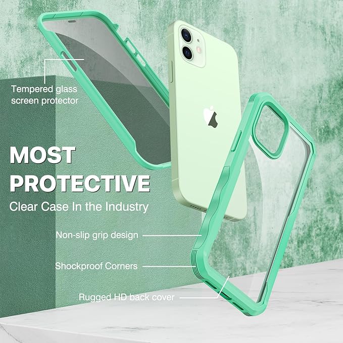 CENHUFO Privacy for iPhone 12 Case/iPhone 12 Pro Case, Full Body Phone Case with Built-in 9H Tempered Glass Privacy Screen Protector and Camera Lens Protector, Shockproof Bumper Clear Cover -Green