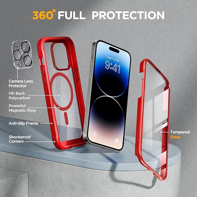 Miracase Magnetic for iPhone 14 Pro Max Case 6.7 inch, (Compatible with MagSafe) Upgrade Full-Body Clear Phone Bumper Case with Built-in 9H Tempered Glass Screen Protector, Magnetic Red