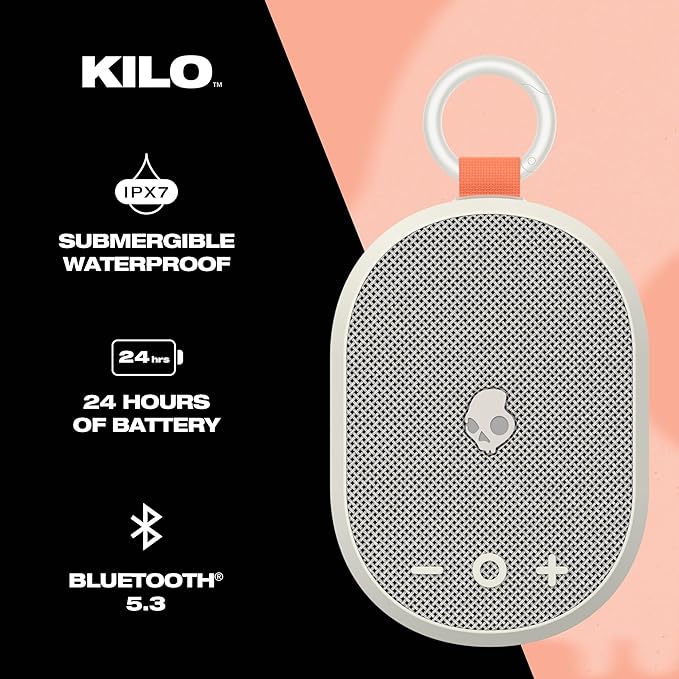 Skullcandy Kilo Wireless Bluetooth Speaker - IPX7 Waterproof Mini Bluetooth Speaker with 24 Hour Battery, Downward Firing Passive Radiator, and True Wireless Pairing - Perfect for Outdoor (Bone)