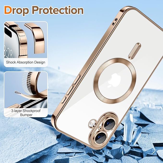 Hython Magnetic Clear for iPhone 16 Case with Camera Lens Protector [Compatible with MagSafe] Luxury Plating Edge Slim Soft TPU Cover Protective Phone Case for iPhone 16 6.1", Desert Brown