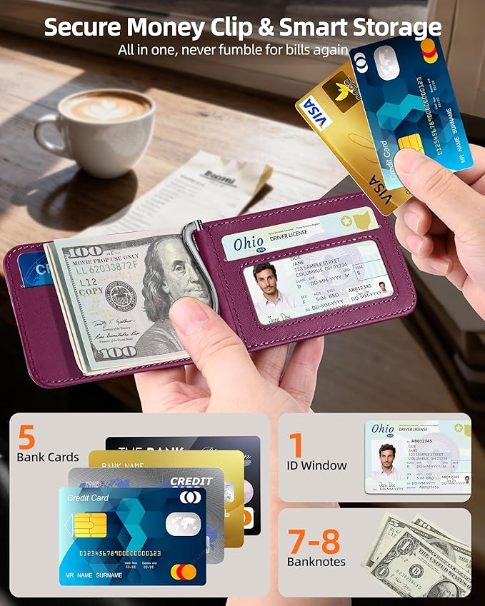 ExtreLife For Magsafe Wallet with Money Clip, Strongest Magnetic Wallet for iPhone 17/16/15/14/13/12 Series, Adjustable Stand, ID Window, 5 Card Holder, RFID Blocking, Not for 13/12 Mini, Cherry