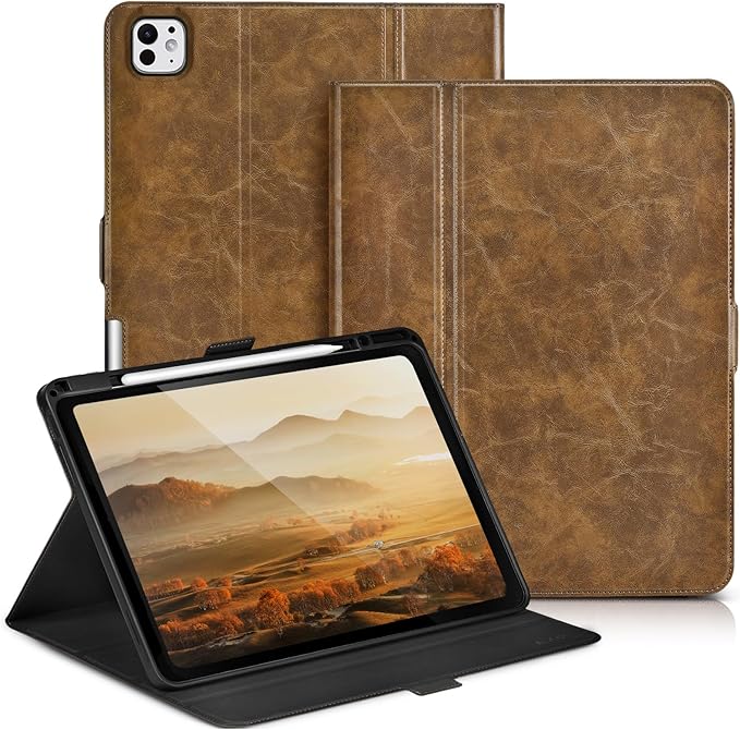 Slim Case for iPad Pro 11 Inch M5/M4 (2025/2024) A3357/A3358/A2836/A2837 with Pencil Holder,Lightweight Cover,Magnetic Closure,Multi Angle Stand,Typing Angle,Auto Sleep/Wake,Dark Brown