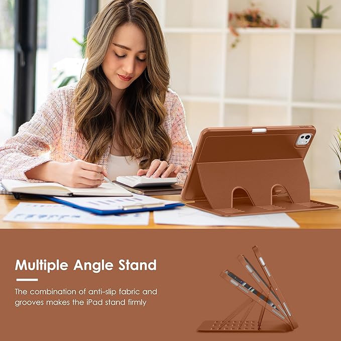 VIKESI Case for iPad Pro 11 inch (M5/M4) 2025/2024,Multiple Angles Magnetic Stand Cover,Shockproof Back,Pencil Holder,and Auto Sleep/Wake,Brown